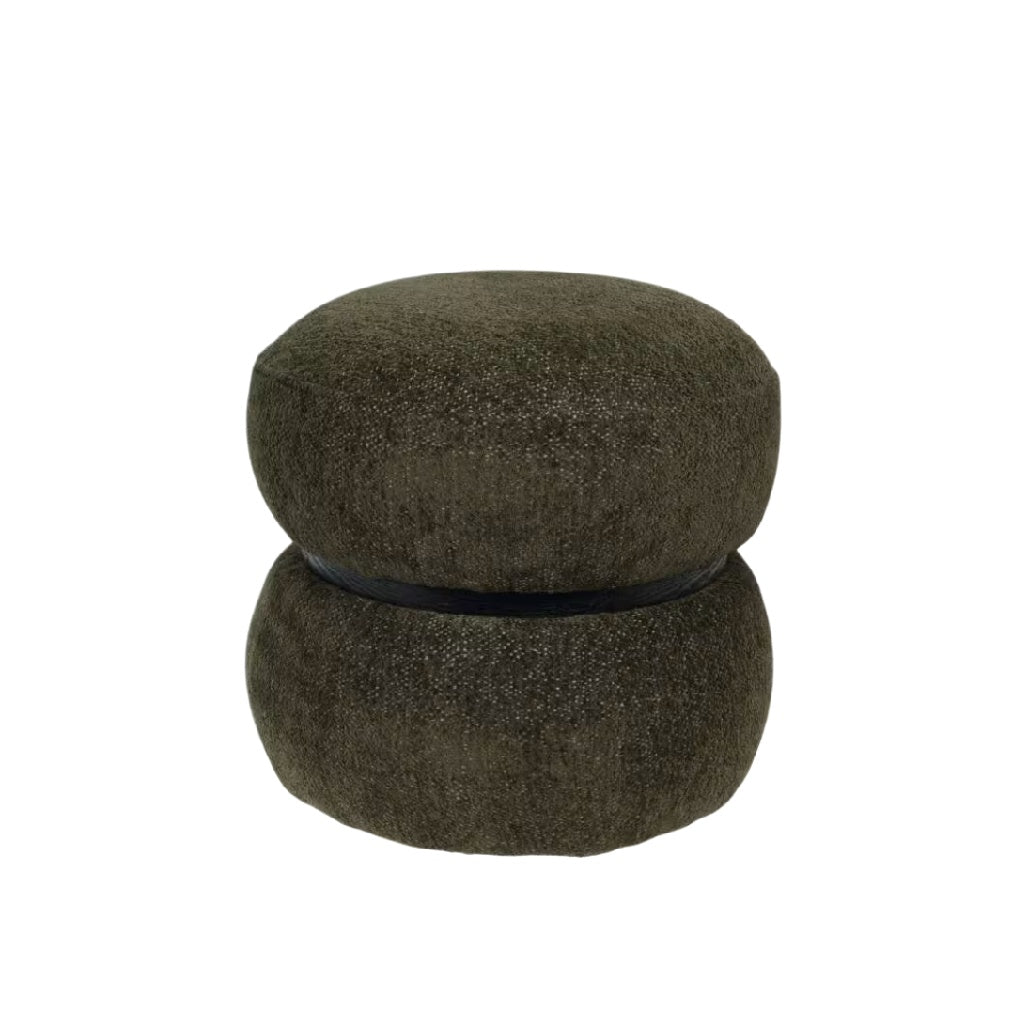 Pouf en tissu vert olive, design moderne et élégant.