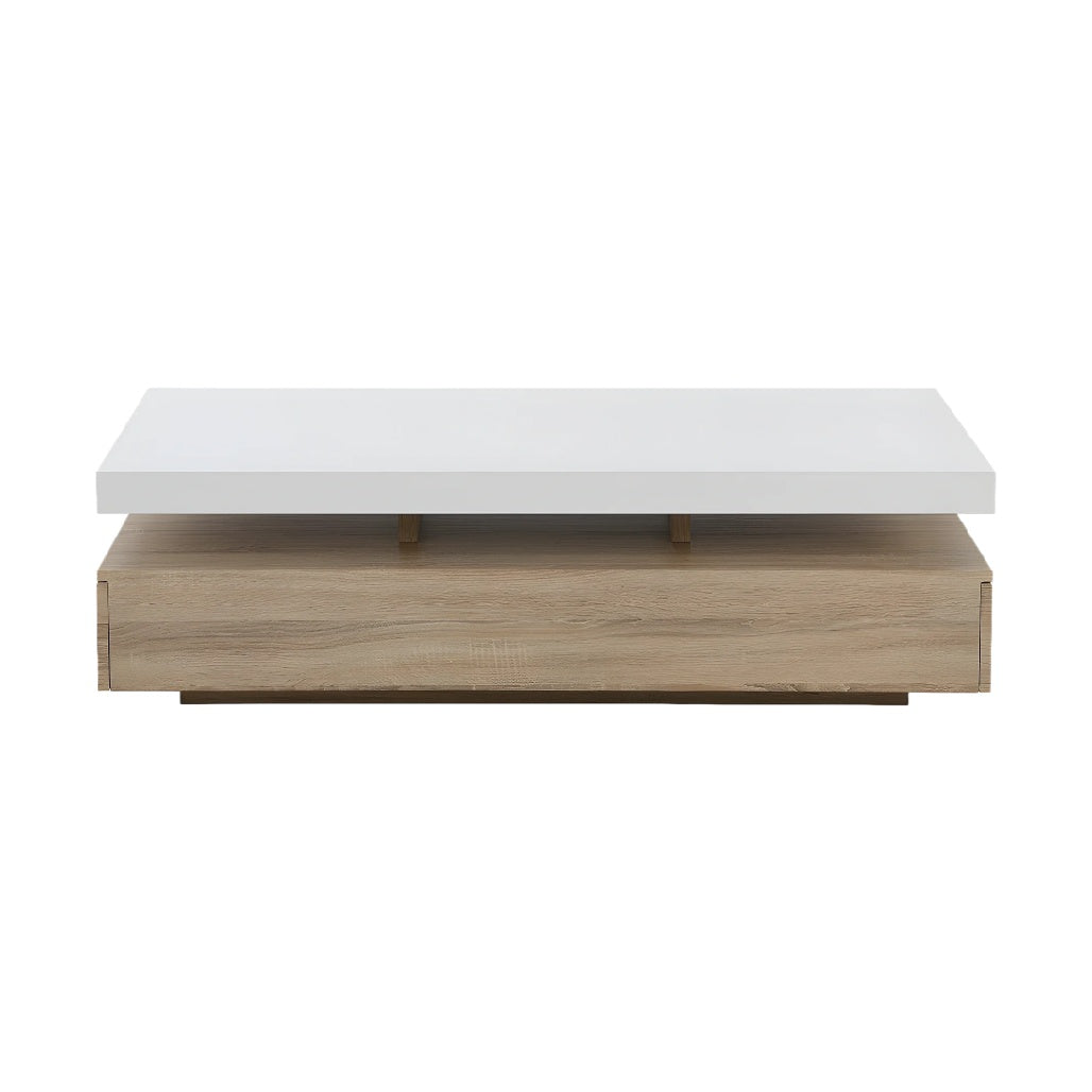 Table basse contemporaine en bois clair et laqué blanc.