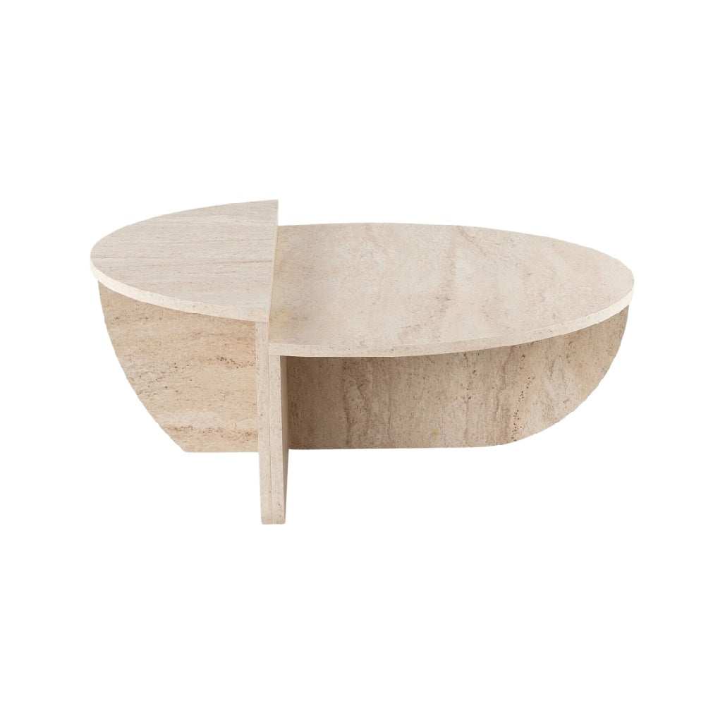 Table basse en marbre beige avec design moderne et épuré.