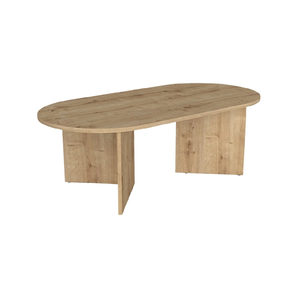Table basse en bois de chêne naturel, design ovale, finition élégante.