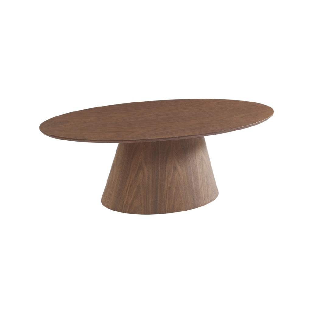 Table à manger ovale en bois avec base conique.