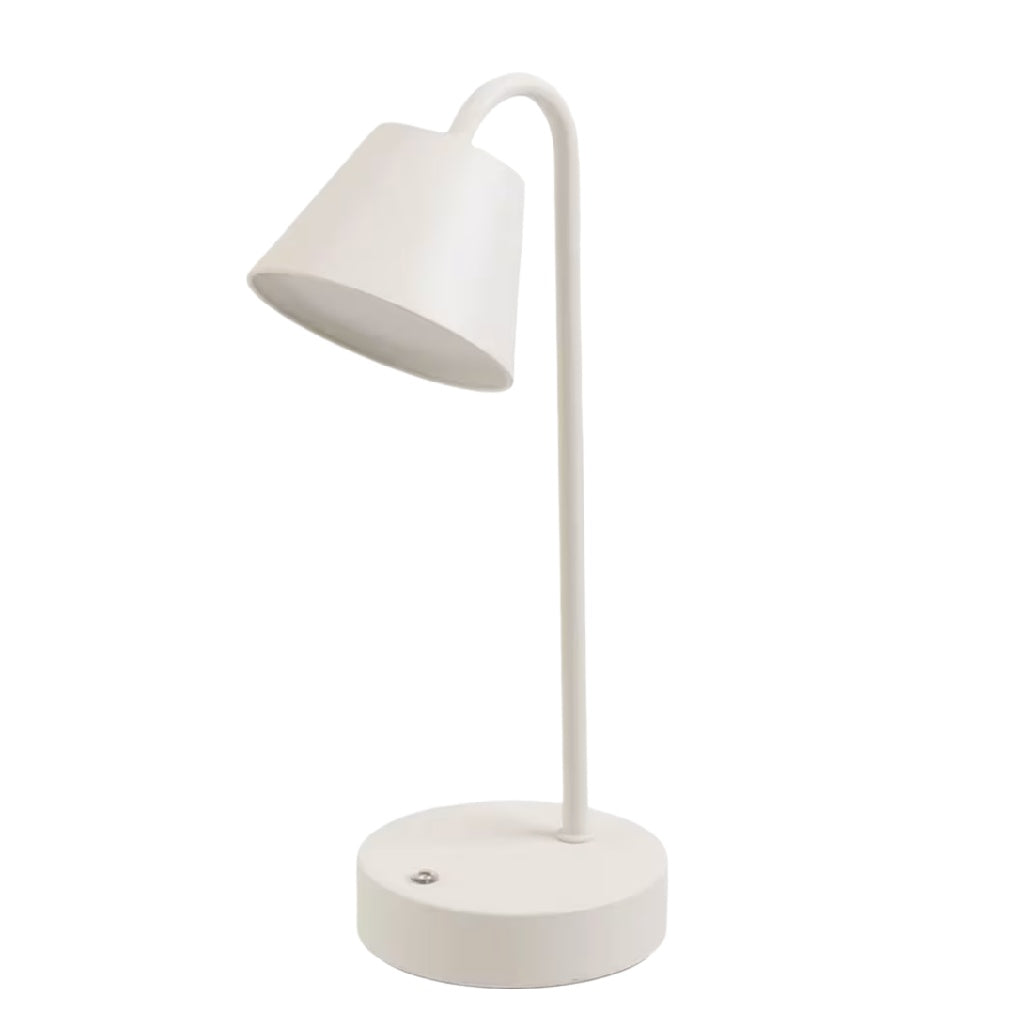 Lampe de table moderne blanche avec abat-jour en cône et base ronde.