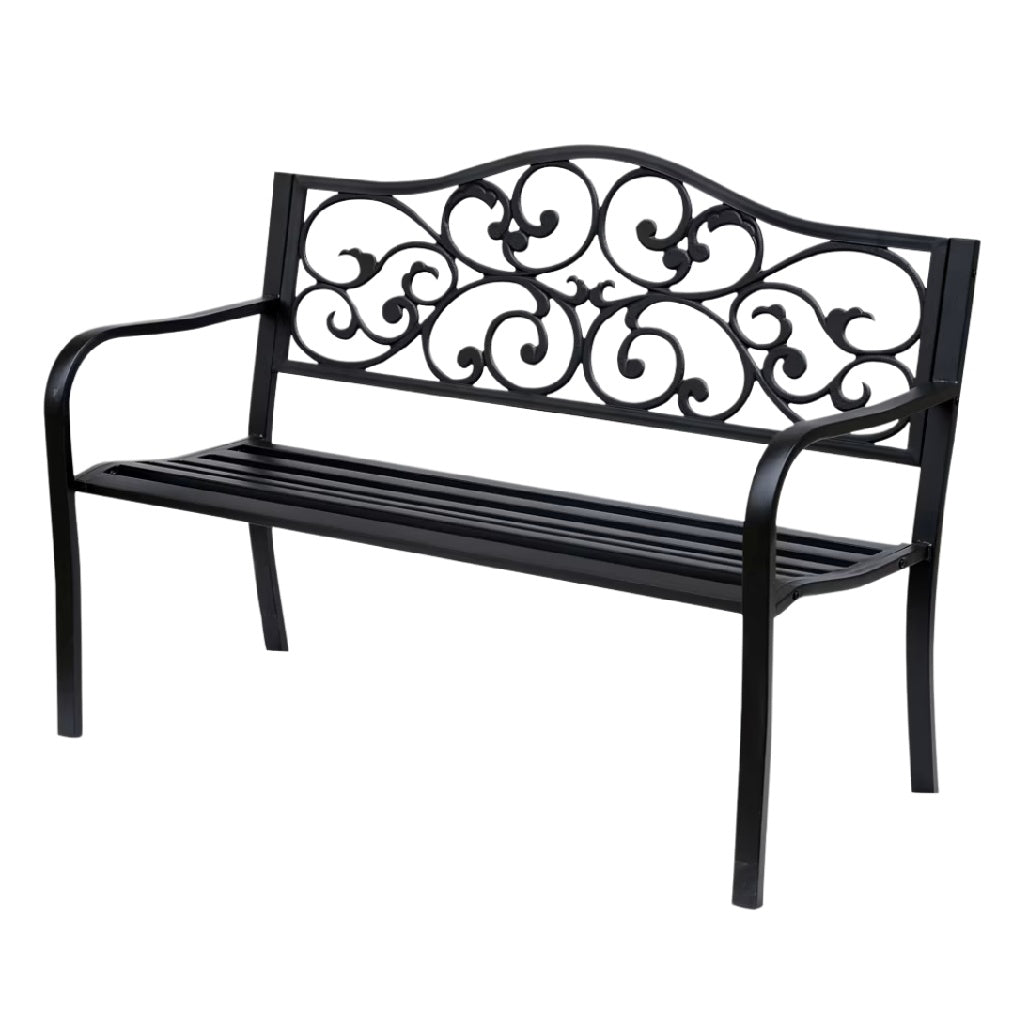 Banc en métal noir avec motifs enroulés.